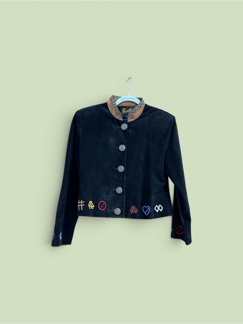 Leather Scotch & Soda Black Cropped Embroidered Jacket with Brown Collar